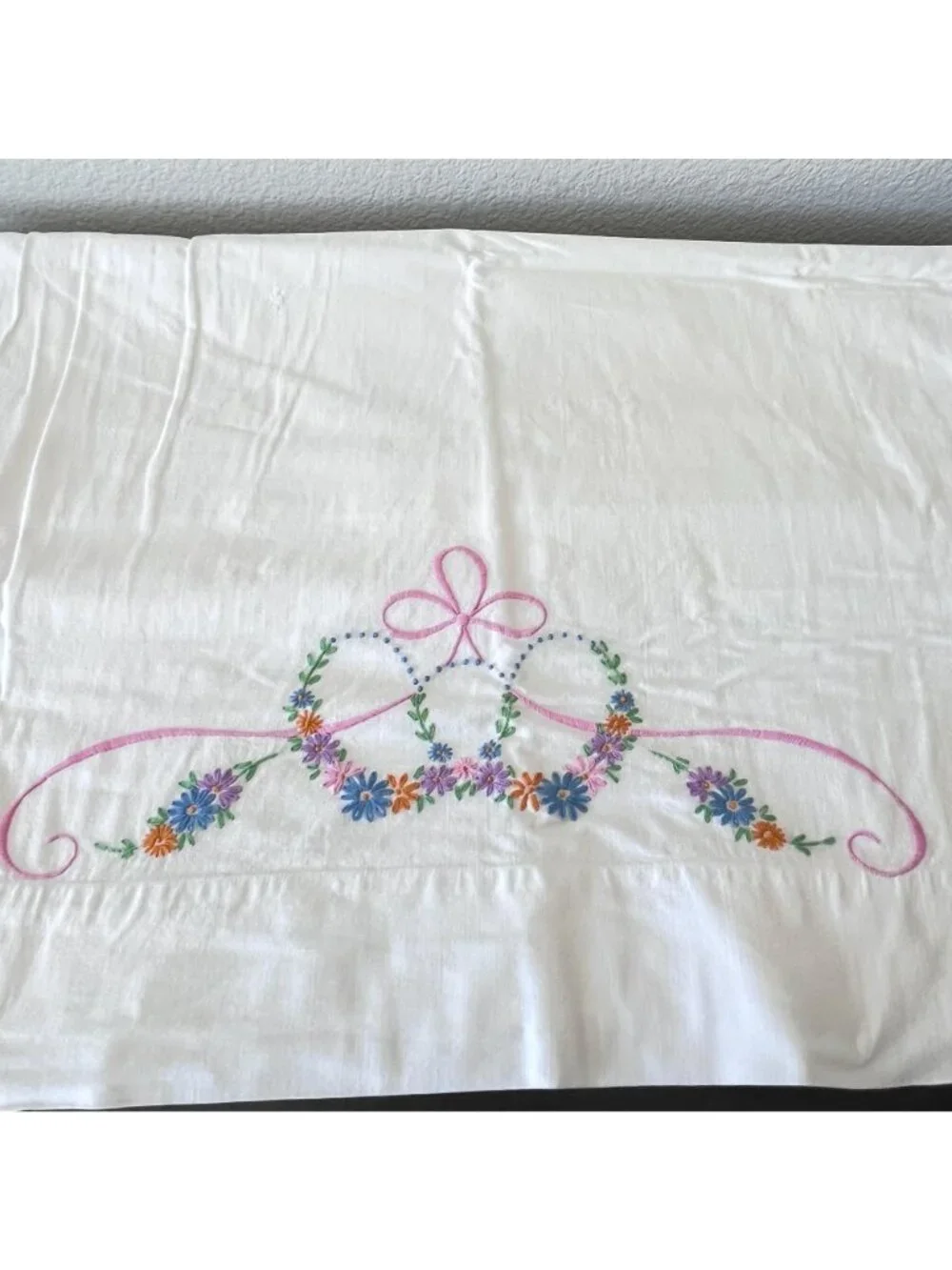 Vintage Embroidered Pillowcases Set of 2 // Pink Ribbon Floral Design // Cotton